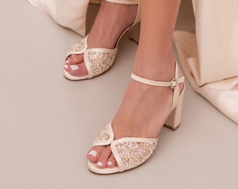 Embroidered Wedding Shoes, Tulle Bridal Heeled Sandals, Lace Heels for Bride, "Kore", Custom Made