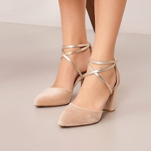 Strappy Heels Shoes, Ivory Wedding Shoes, Champagne Heels, Ivory Pointed Pumps, Evening Block Heels, Velvet Heels Shoes, &quot;Erato&quot; Custom Made