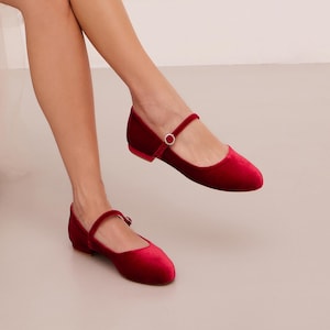 Velvet Flats, Red Mary Jane Shoes, Ballet Flat Shoes, Wedding Ballerinas Shoes, Rounded Toe Flats, Red Ballet Flats, &quot;Thalia&quot; Custom Made
