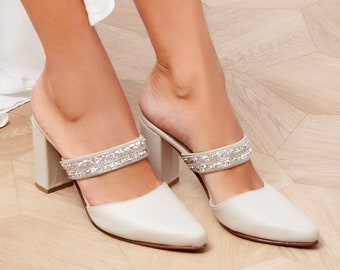 Hochzeit Pantoletten, Hochzeit Pumps, Elfenbein Brautschuhe Pantoletten, Hochzeit Blockabsatz, Strass Schuhe für die Braut, "Dorothea" Nach Maß