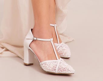 Vintage Bridal Shoes, White Lace Shoes for Wedding, Pearl Beaded, "Orianna", Made to Order
