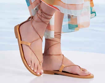 Tan Leather Lace-Up Flat Sandals, Boho Summer Greek Style Anna
