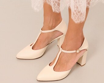 Ivory Leather Bridal Shoes, T Strap Pointed Pumps, Wedding Block Heels, "Leda", Custom Made
