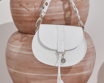 White Leather Small Crossbody Bag Saddle with Braided Strap, "Clio" Mini, Made to Order