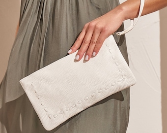 White Clutch Bag, Leather Clutch with Wrist Handle and Zipper, White Evening Bag, Formal Pouch, Wedding Clutch, "Eleonora" Made to Order