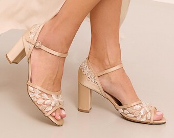 Champagne Wedding Shoes, Sparkly Heeled Sandals, Lace Embroidered, "Hyacinthe", Custom Made, NEW