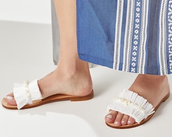 Straw Sandals, Bohemian Slide Sandals, Women's Flat Sandals, Summer Sandal, Embellished Sandals, "Pandora" Made to Order