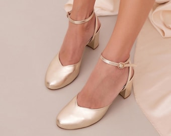Gold Leather Wedding Shoes, Metallic Bridal Block Heels, V Cut Slingbacks, Rafaela, Custom Made