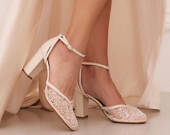 Ivory Lace Wedding Shoes with Rhinestones, Embroidered Bridal Shoes, "Kynthia", Made to Order