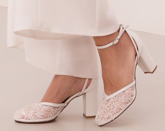 White Lace Wedding Shoes Block Heels Closed Toe, Embroidered, "Kynthia", Custom Made