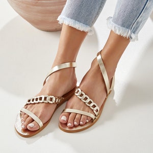 Gold Leather Sandals Women, Women's Flat Sandals, Ankle Wrap Sandals, Open Toe Strappy Sandals, Gold Flat Sandals, "Daphne" Made to Order