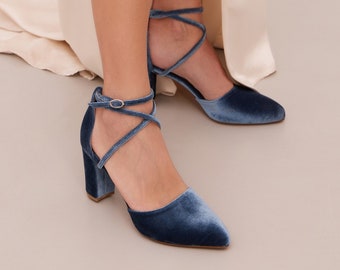 Blue Velvet Wedding Shoes, Dusty Blue Heels Pointy with Cross Straps, "Erato" Custom Made