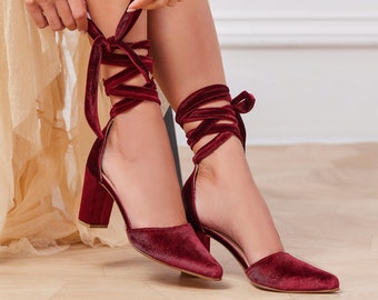 Burgundy Red Velvet Shoes, Lace up Pumps Block Heels, Pointed Toe, "Violeta", Custom Made