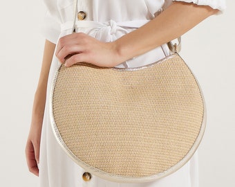 Straw Bag Crossbody, Straw Bag, Shoulder Summer Bag, Boho Purse, Rounded Leather Straw Bag with Adjustable Strap, "Dionysia" Made to Order