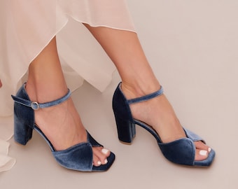 Blue Wedding Sandals, Velvet Bridal Shoes, Blue Heels for Wedding, Peep Toe Heels, Dusty Blue Shoes, Blue Heeled Sandals, &quot;Kore&quot; Custom Made