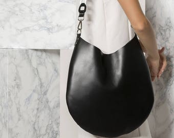 Black Shoulder Bag, Women Leather Bag, Boho Black Bag, Minimal Bag, Black and White Bag, Kyveli design, Made to Order