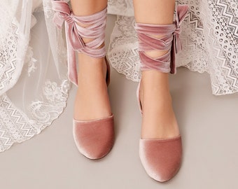 Chaussures de mariée ballerine, chaussures de ballet pour mariée, chaussure de mariage en velours, ballerines rose blush, ballerines habillées, « Philippa » sur mesure