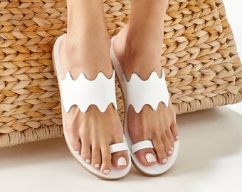 White Flat Sandals, Leather Sandals for Women, Toe Loop Sandals, Summer Slide Sandals, "Sikinos", Made to Order