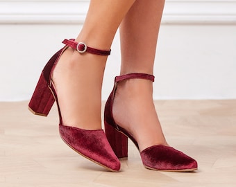 Burgundy Red Shoes for Wedding, Velvet Block Heels with Ankle Strap, "Violeta", Custom Made