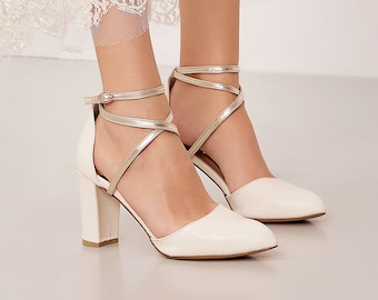 Chaussures de mariage ivoire, talons à lanières pour la mariée, talons croisés, escarpins pour mariée ivoire, escarpins à lanières, escarpins à talons carrés, sur mesure Erato