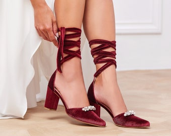 Burgundy Red Wedding Shoes, Velvet Heels Pointy with Pearls & Rhinestones, "Violeta", Made to Order