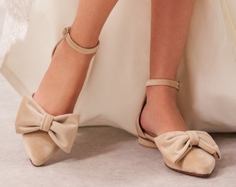 Ballerina Bridal Shoes with Bow & Ankle Strap, Velvet Flats for Wedding, "Aria" Custom Made