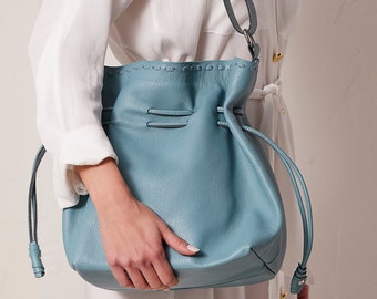 Leather Bucket Bag for Women, Blue Gray Shoulder Bag, Drawstring Bucket Bag, Large Shoulder Bucket Bag, "Amaryllis" Made to Order