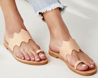 Leather Sandals Women, Greek Flat Sandals, Toe Ring Sandals, Tan Summer Shoes, Flat Sandals, Leather Summer Sandals, "Sikinos" Made to Order