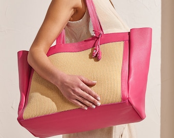 Hot Pink Leather Shoulder Bag with Raffia, Summer & Travel Tote, "Aristea", Made to Order