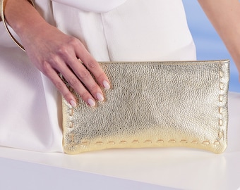 Gold Clutch Bag, Leather Clutch with Wrist Strap and Zipper, Evening Bag, Genuine Leather Pouch Women's, "Eleonora" design, Made to Order