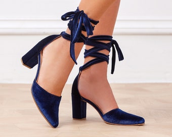 Blue Shoes for Wedding, Velvet Pumps Pointy, Lace up Heels, "Violeta", Made to Order