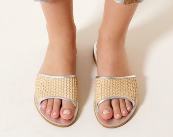 Open Toe Slippers, Straw Sandals, Minimalist Flat Sandals, Straw Flat Sandals, Silver Leather Slides, Summer Sandals, "Xenia" Made to Order