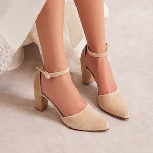Ivory Wedding Shoes, Heels for Bride, Velvet Bridal Shoes, Champagne Wedding Shoes, Bridal Shoes with Ankle Strap, "Violeta" Custom Made