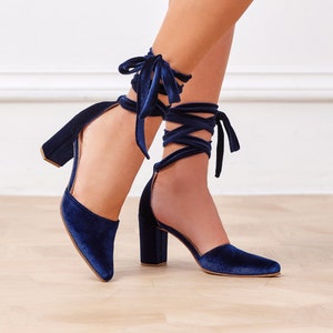 Blue Wedding Shoes, Block Heel Bridal Shoes, Blue Velvet Shoes, Wedding Low Heel Shoes, Heels Shoes, Velvet Pumps,&quot;Violeta&quot; Custom Made