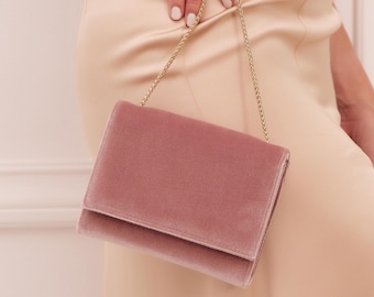 Blush Velvet Purse, Small Evening Bag, Chain Shoulder Bag for Wedding, "Vera", Custom Made