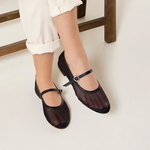 Black Mesh Flats, Mary Jane Flats, Mesh Flats with Leather, Fishnet Ballet Shoes, Transparent Flats, Mary Jane Shoes, &quot;Amara&quot; Made to Order