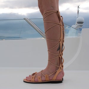 Tall Gladiator Sandals Beaded, Knee High Flat Leather Greek Sandals in 6 Colors, "Dione"