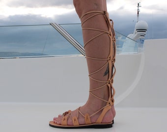 Tall Gladiator Sandals for Women, Knee High Sandals, Tan Leather Sandals, Greek Flat Sandals, "Dione", Made to Order