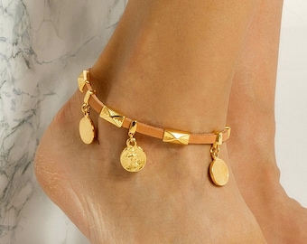 Anklets Women, Leather Anklet with Gold Plated Coins, Gold Anklet Bracelet, Tan Anklet, Boho Anklets, Bohemian Jewelry, Made to Order