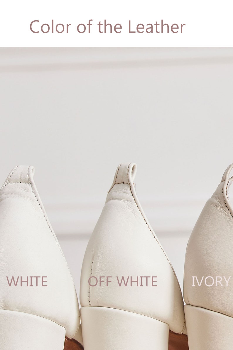 May include: Three pairs of white leather shoes, showing the back of the shoes. The shoes are labelled "WHITE", "OFF WHITE", and "IVORY" from left to right.