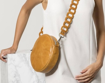 Round Leather Bag, Crossbody Bag, Tan Leather Purse, Women Leather Bag, Brown Leather Bag, "Ariadne" Made to Order