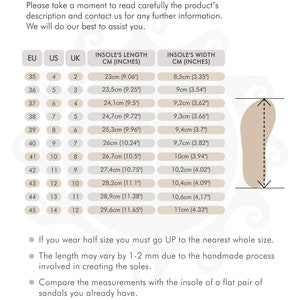 May include: A size guide for flat sandals with a chart showing European, US, and UK shoe sizes, along with corresponding insole length and width measurements in centimeters and inches.
