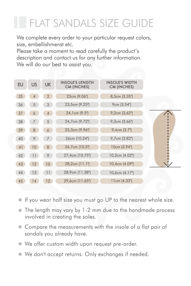 May include: A size guide for flat sandals with a chart showing European, US, and UK shoe sizes, along with corresponding insole length and width measurements in centimeters and inches.