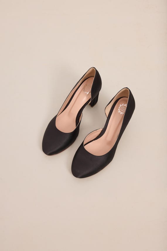 black satin dress shoes Pumps Rounded Toe, Comfortable Block Heels, 