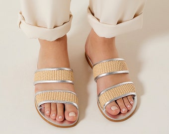 Straw Flat Sandals, Two Straps Sandals, Slide Sandals Flat, Silver Flat Sandals, Flat Summer Sandals, Greek Sandals, "Agnes" Made to Order