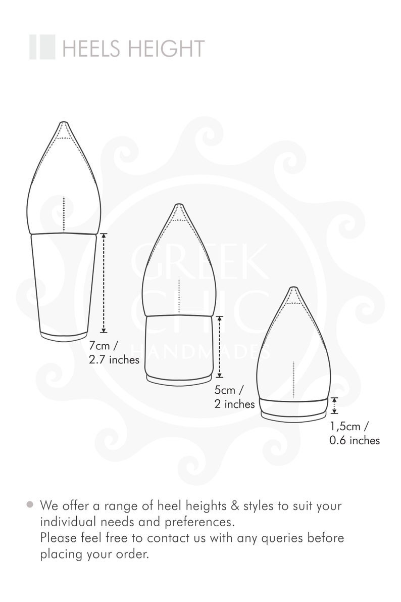 May include: Diagram showing three different heel heights for sandals: 2.7 inches, 2 inches, and 0.6 inches.  The text "HEELS HEIGHT" is at the top of the image.