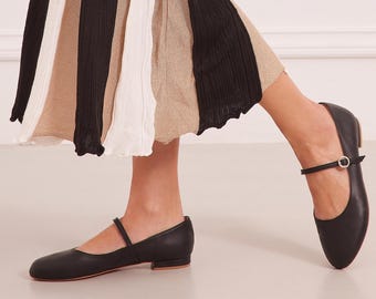 Mary Jane Leather Flat Shoes, Black Ballet Flats, Rounded Toe "Thalia", Made to Order