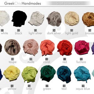 Puede incluir: Una tabla que muestra 20 colores diferentes de cordones para bufandas. Los colores est&aacute;n dispuestos en filas de cuatro. Los colores son: blanco roto, negro, plata claro, plata oscuro, oro claro, bronce, marr&oacute;n, topo, nude, coral, rojo, fucsia, morado, azul real, amarillo, lima, verde, turquesa, azul aguamarina y menta.