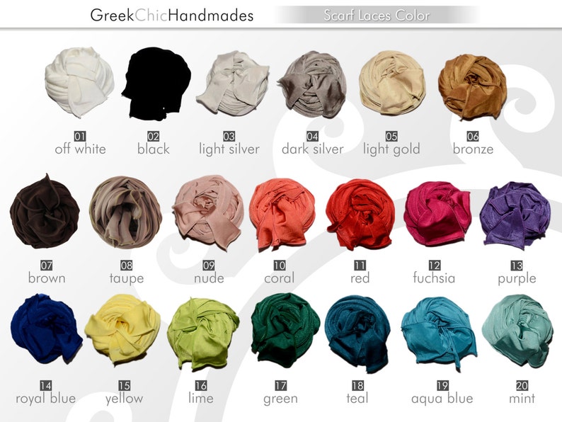 Puede incluir: Una tabla que muestra 20 colores diferentes de cordones para bufandas. Los colores est&aacute;n dispuestos en filas de cuatro. Los colores son: blanco roto, negro, plata claro, plata oscuro, oro claro, bronce, marr&oacute;n, topo, nude, coral, rojo, fucsia, morado, azul real, amarillo, lima, verde, turquesa, azul aguamarina y menta.