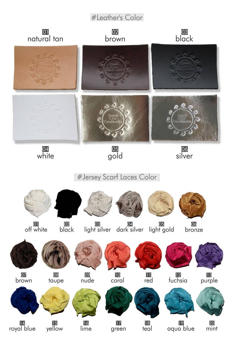 May include: A color chart showing 20 different colors of leather and jersey scarf laces. The leather colors are natural tan, brown, black, white, gold, and silver. The jersey scarf lace colors are off white, black, light silver, dark silver, light gold, bronze, brown, taupe, nude, coral, red, fuchsia, purple, royal blue, yellow, lime, green, teal, aqua blue, and mint.